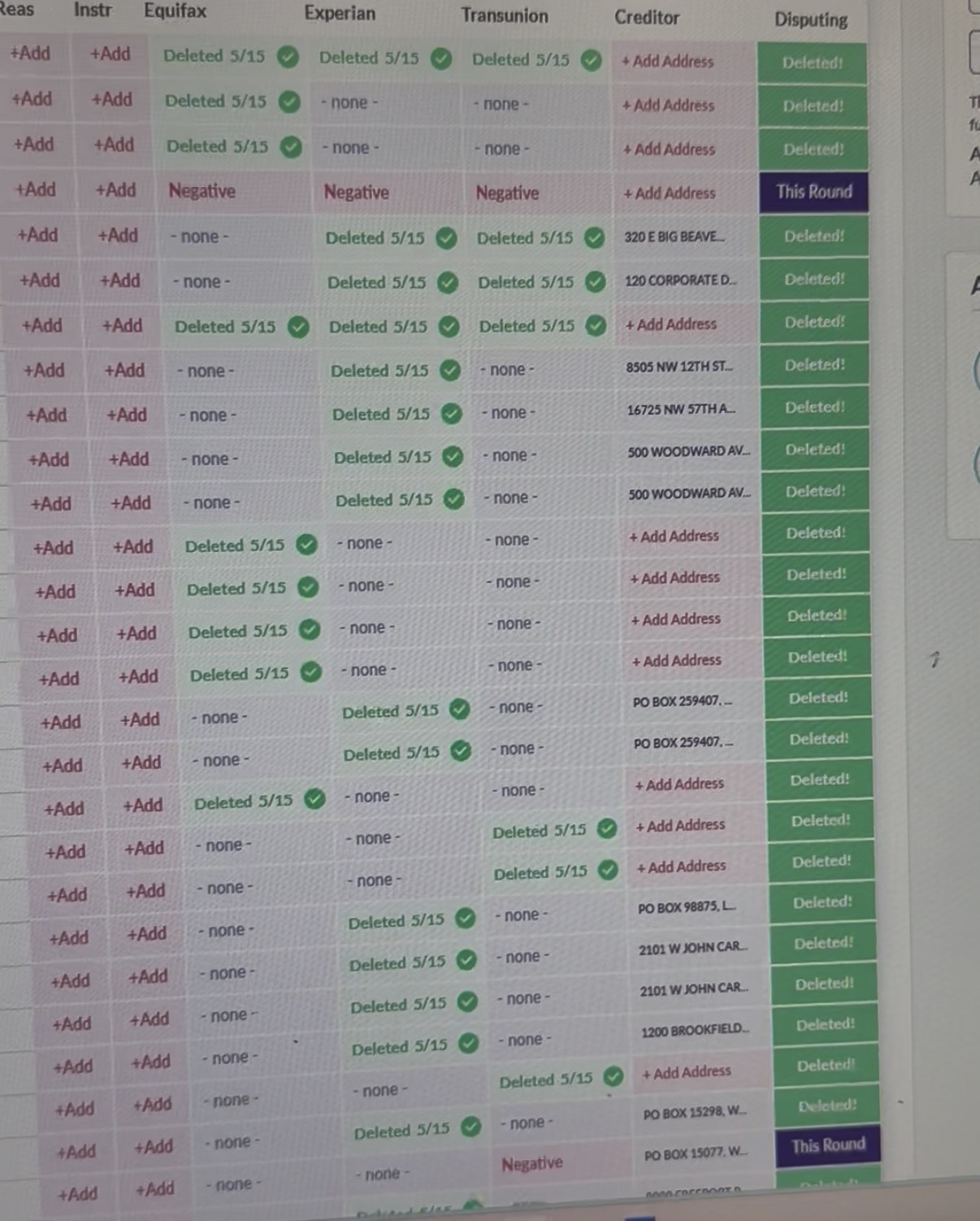 Bureau dispute tracker — dozens of negative items deleted from Equifax, Experian, and TransUnion